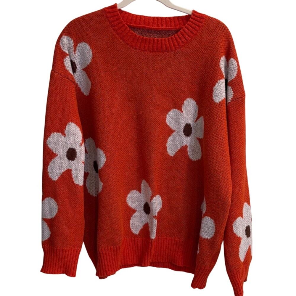 Plus Size 2XL Orange Floral Printed Crewneck Sweater Boho Hippie